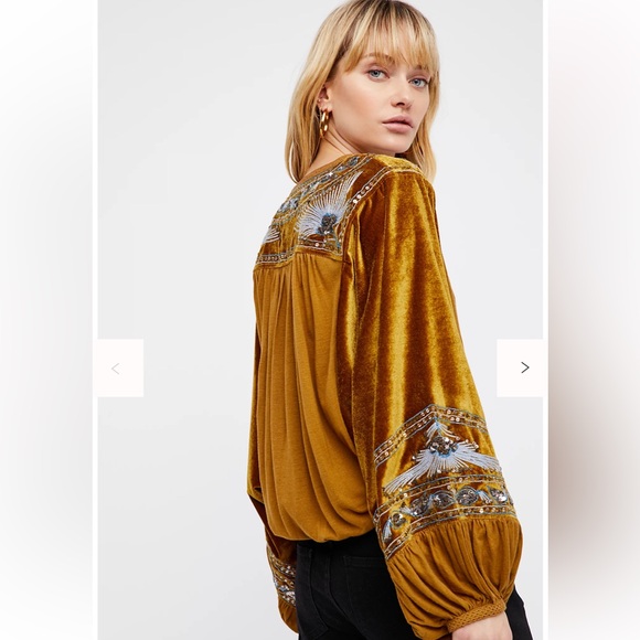 Free People Tops - Free People Hearts Aflame Oversized Gold Velvet Embroidered Blouse